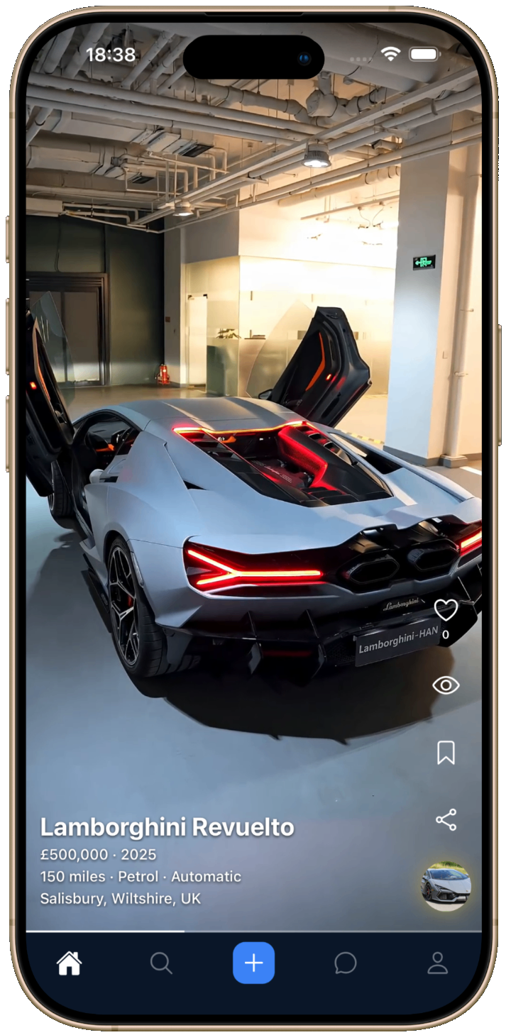 Wcar app showing a vertical car video listing